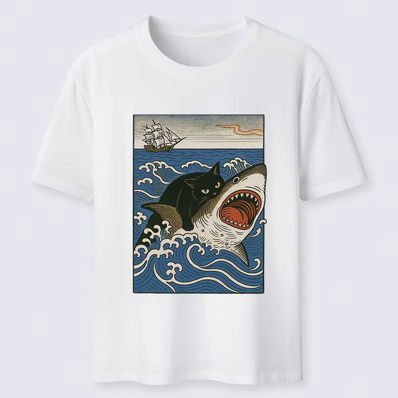 T-shirt classique à manches courtes et col rond en pur coton pour homme, motif requin chasseur de chats, style sportif Harajuku chic, coupe oversize, idéal pour l'été
