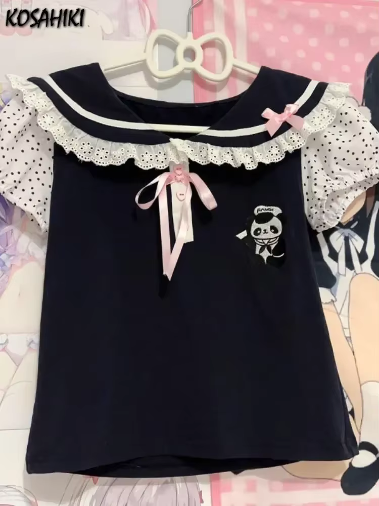 Japonais Y2k dentelle T-shirt femmes Kawaii dessin animé broderie graphique t-shirts Harajuku mode décontracté arc hauts