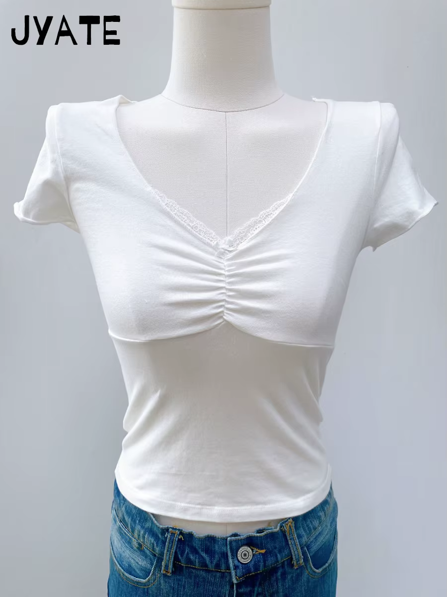 T-shirts courts blancs à nœud en dentelle pour femmes