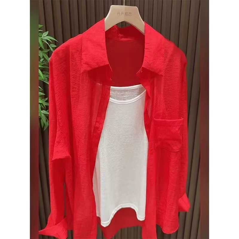 Chemise de Protection solaire à manches longues et col Polo rouge pour femmes