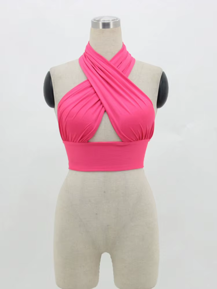 Femmes Strappy Cross Over Front Cut Out Halter Neck fibrBackless Crop Top Bandage glaSummer Sexy Y-Woman Vêtements S-XL