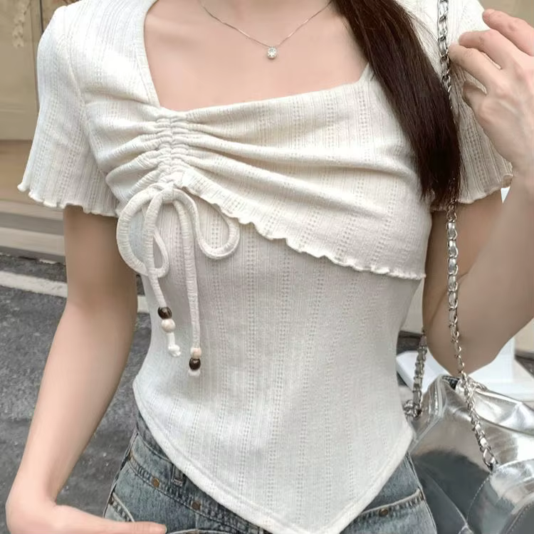 T-shirt à col carré et manches courtes pour femme, haut d'été