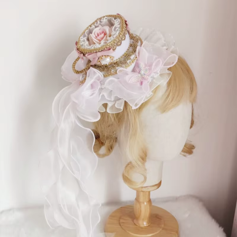 Chapeau haut de forme rose Lolita pour filles avec long ruban
