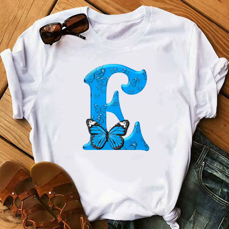 26 lettres anglaises papillon imprimé T-shirt à manches courtes femmes surdimensionné