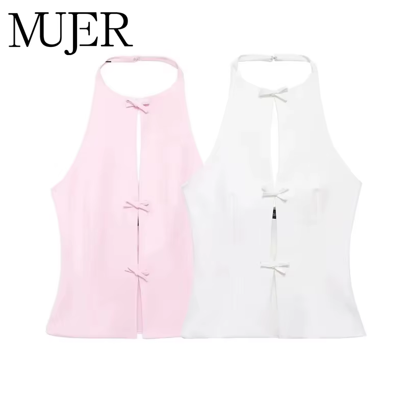 MUJER 2025 épaules dénudées haut à licou femme rose blanc