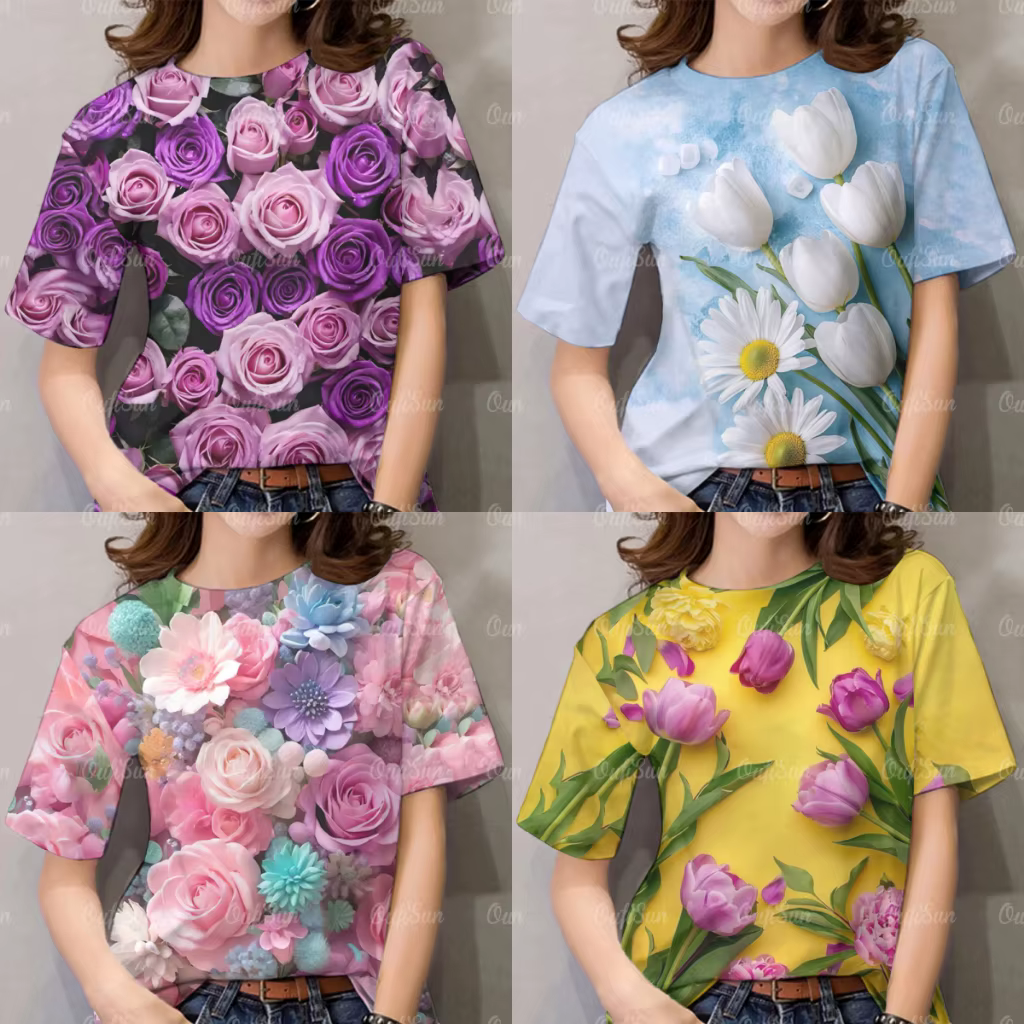 T-shirt pour femme à imprimé floral tendance - Cadeau de la Saint-Valentin avec technologie d'impression numérique 3D
