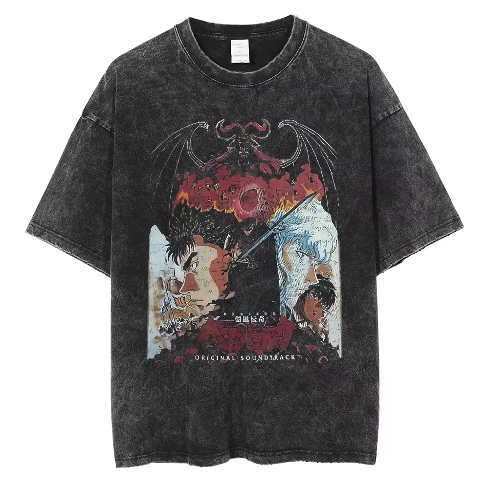 T-shirt Berserk Manga Guts Anime pour hommes et femmes, t-shirt vintage en coton lavé, vêtements décontractés d'été à manches courtes