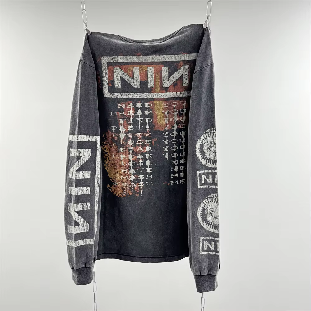 T-shirt à manches longues oversize unisexe Saint NIN Nine-inch Nail effet délavé
