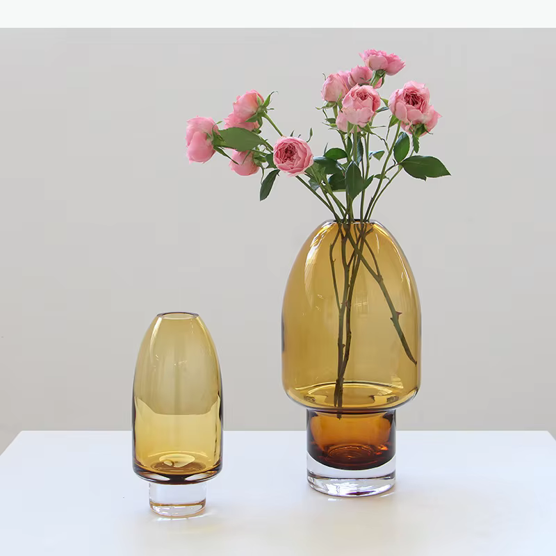 Vase en verre transparent couleur ambre, pots ronds pour fleurs, décoration de table, arrangement floral, vases floraux, décoration esthétique de la pièce
