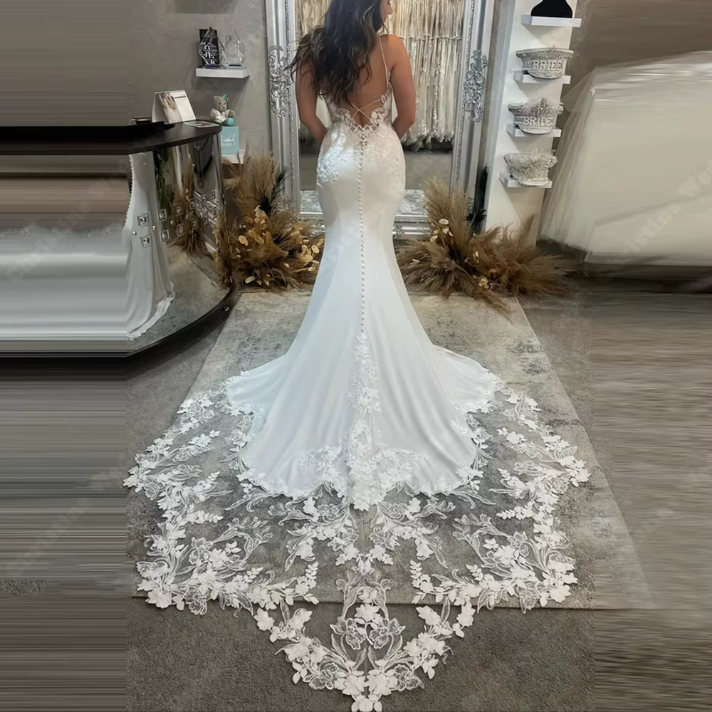 Femmes élégantes Robes De mariée Sexy col en v dentelle impression Robes De sirène longueur De nettoyage princesse Robe De Novias personnalisé
