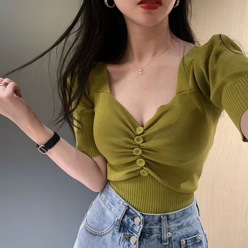 Haut en tricot à manches courtes pour femmes, avec bouton sur le devant, col en cœur, pull d'été pour bureau, tenue coréenne Chic et élégante