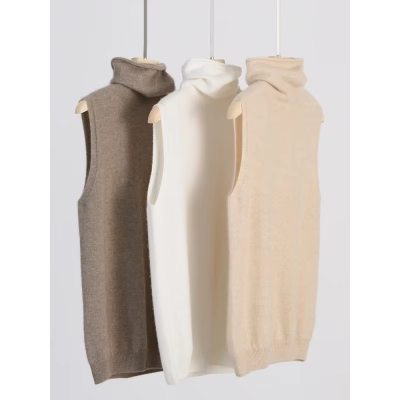Femmes laine mérinos sans manches pulls col roulé pull gilet