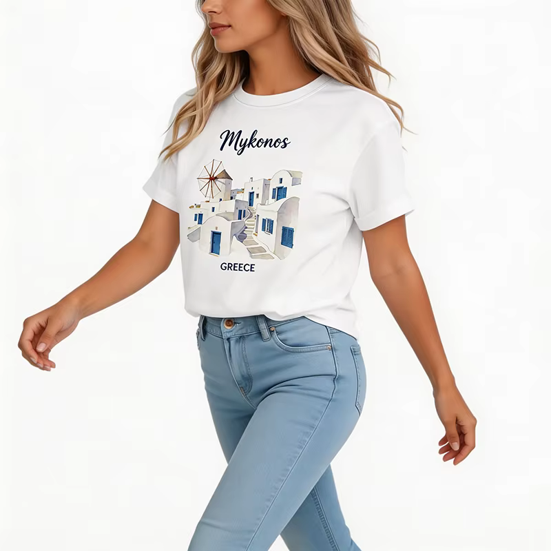 T-shirt décontracté à manches courtes pour femmes avec imprimé Santorin Grèce