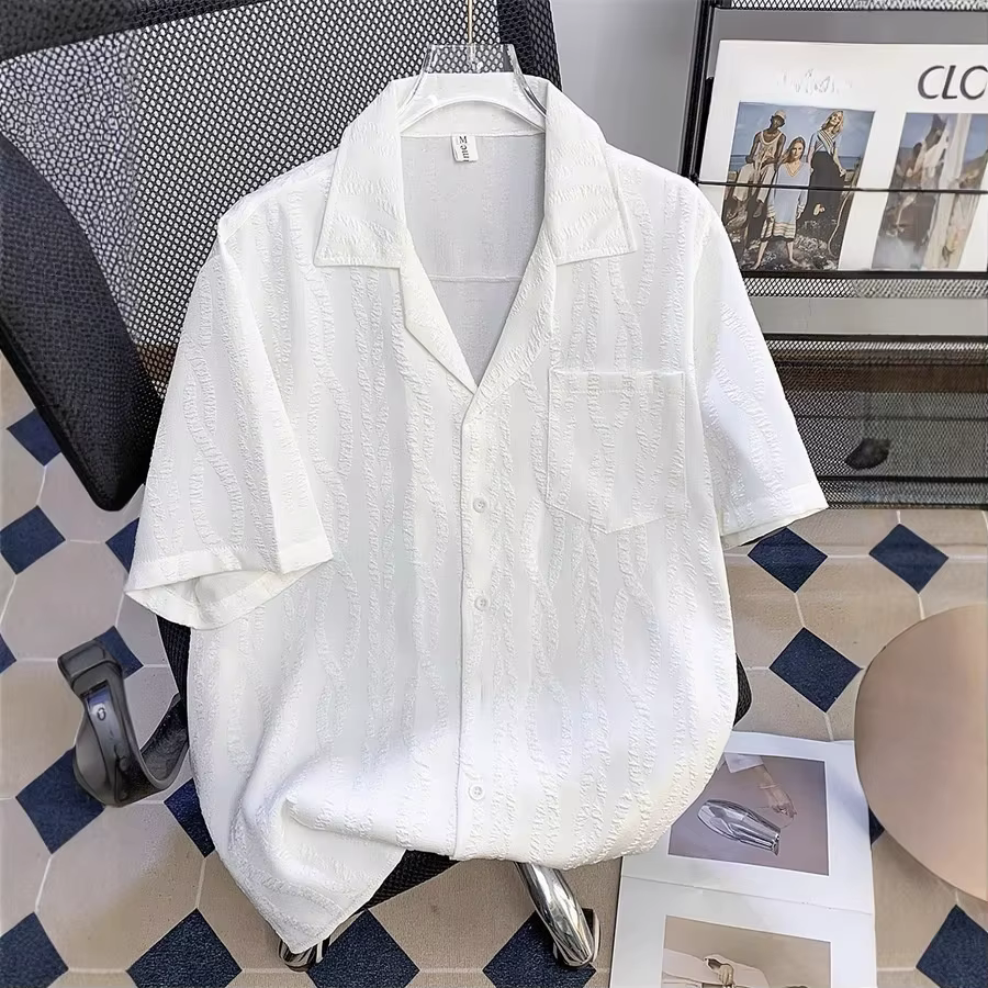 Chemise de plage ample à col cubain texturé à manches courtes pour homme – Tissu mélangé décontracté d'été à haute résistance des couleurs – Mode jeune