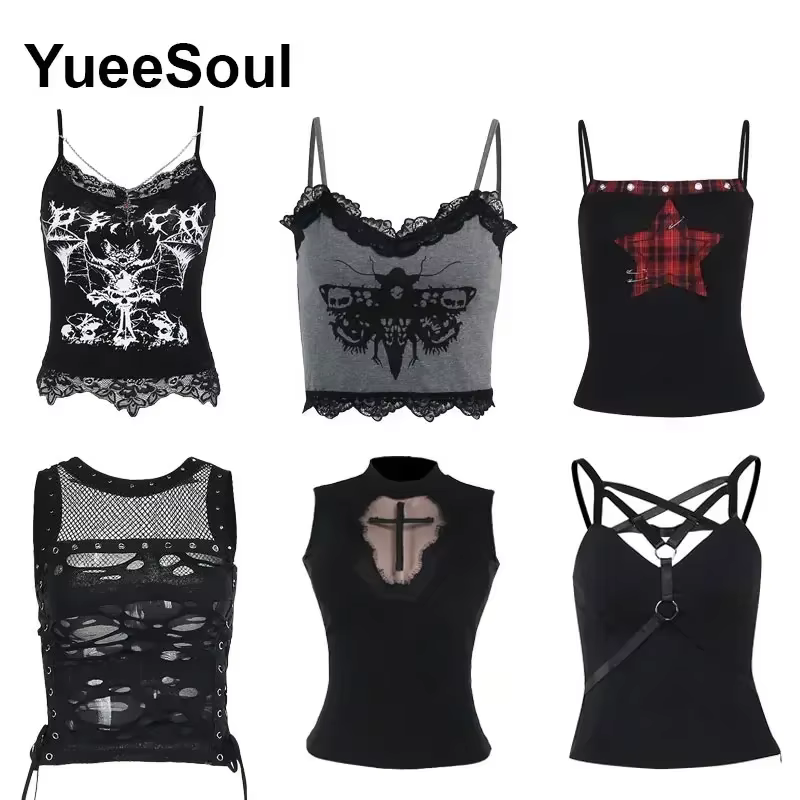 Crop tops gothiques noirs à fines bretelles en maille