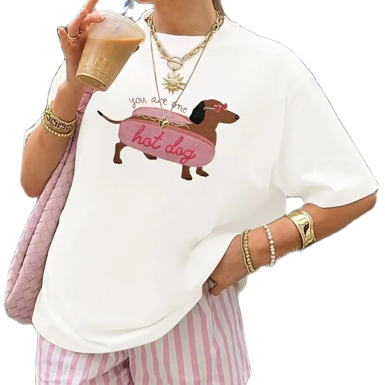 Dessin animé drôle teckel imprimé femmes T-shirt décontracté col rond à la mode blanc
