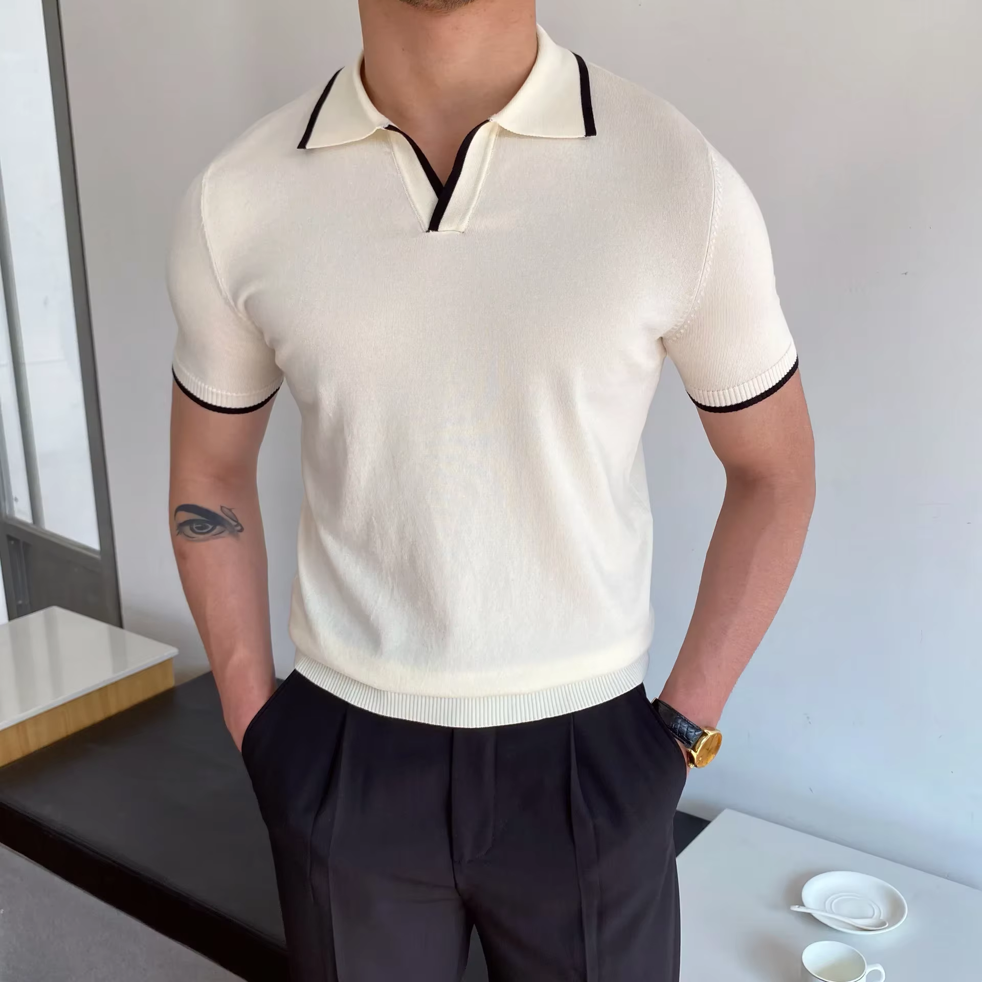 Polo homme T-shirt manches coudières mode col