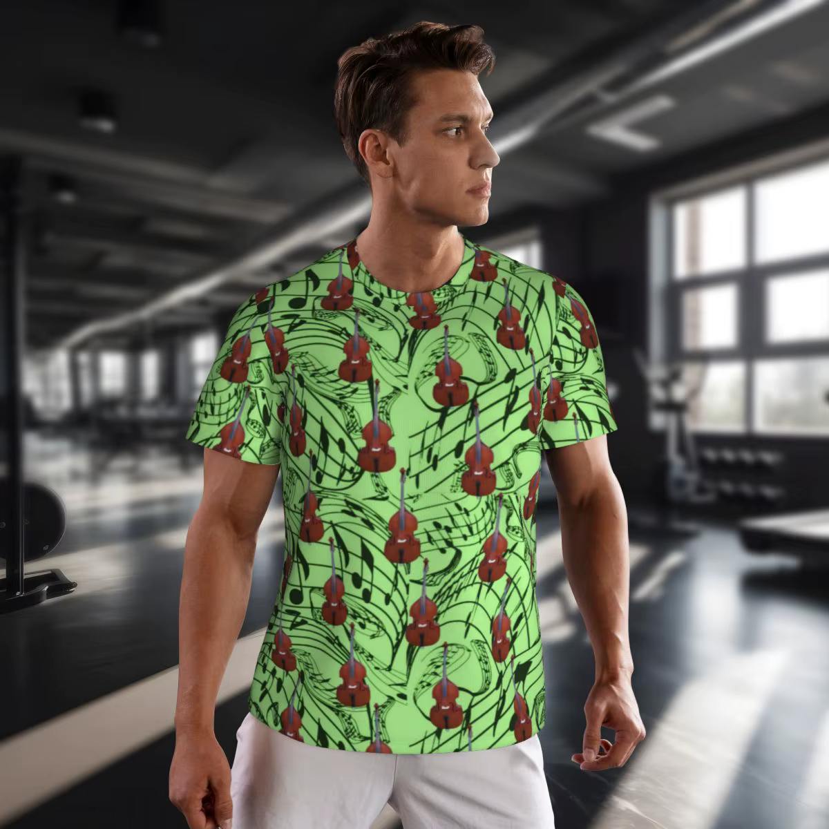T-Shirt Sportif à Col Rond pour Homme, Notes de Musique Vertes, Hiphelicopter, Guitares Imprimées, Vêtements de Style de Rue, Cadeau, Été