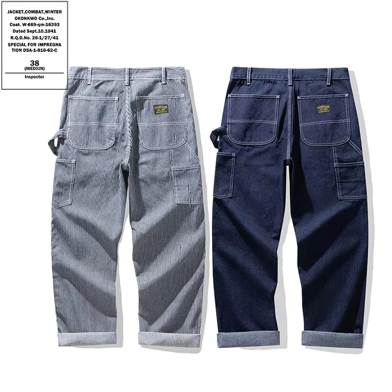 Pantalon de travail ferroviaire en Denim Original AMEKAJI salopette de travail rayée multi-poches Trekking en plein air randonnée Camping pantalon