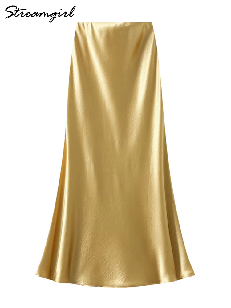 Streamgirl rose soie jupes pour femmes Midi bleu clair jupe Satin haute qualité luxe