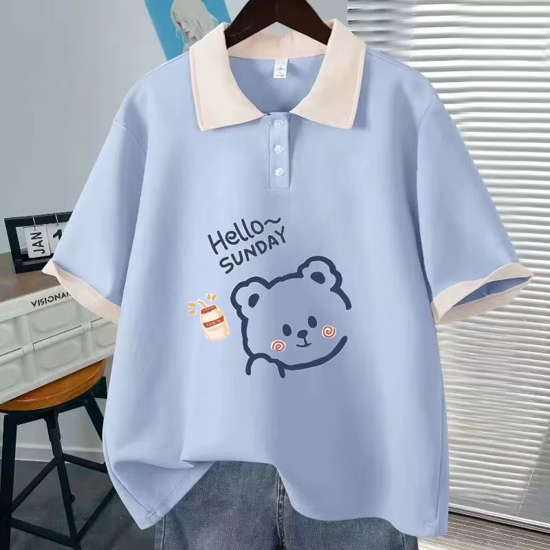 Mode col Polo à manches courtes T-shirt mignon ours en peluche haut ample femmes