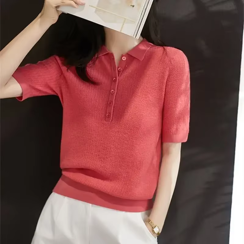 Chemise à col Polo jaune bouton tricoté rose t-shirts pour femmes haut uni vêtements t-shirt à manches courtes nouvelle esthétique synthétique été 2025