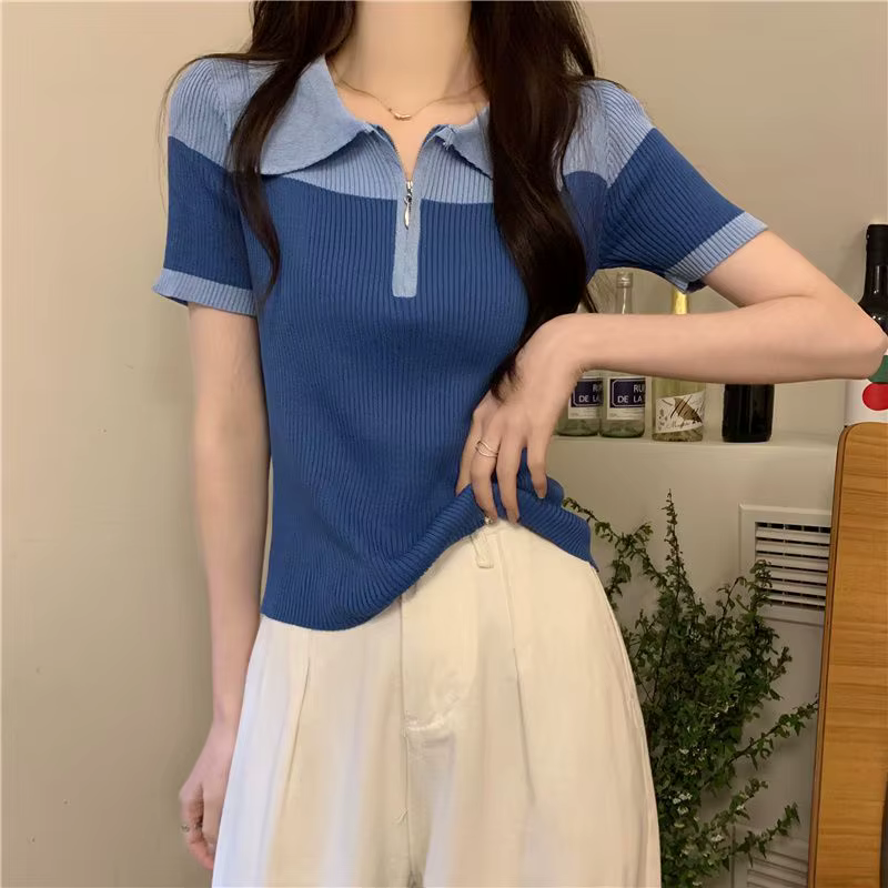 T-shirt rétro à manches courtes et col Polo pour femme