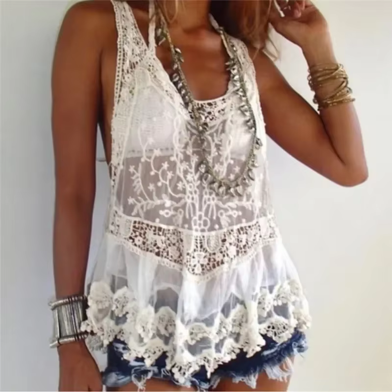 BOHO inspiré bohème Crochet dentelle dos nageur débardeur couvrir coton mélange été plage haut nouveau