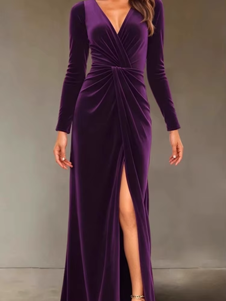Robe de soirée en velours pour femmes, col en v, Slim, torsadé, taille haute, Sexy, couleur unie, plissée, robes trapèze, nouvelle collection automne hiver 2025