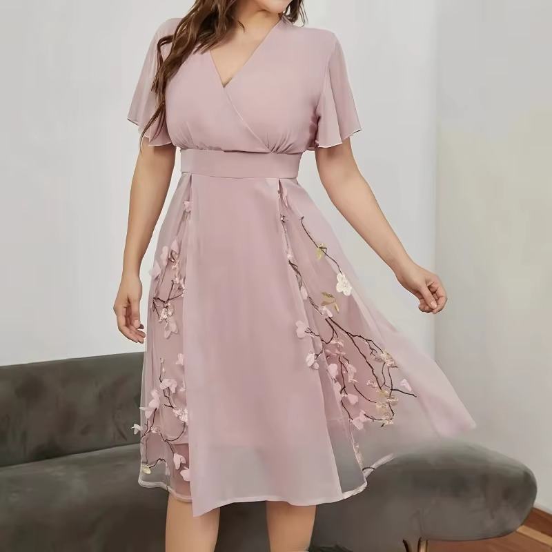 Robes trapèze mi-longues élégantes à manches flottantes pour femmes avec broderie florale