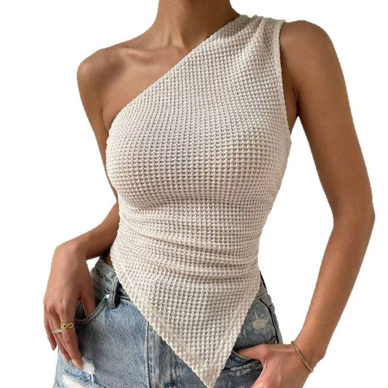 Débardeurs asymétriques sexy sans manches à épaules dénudées en tissu gaufré pour femme