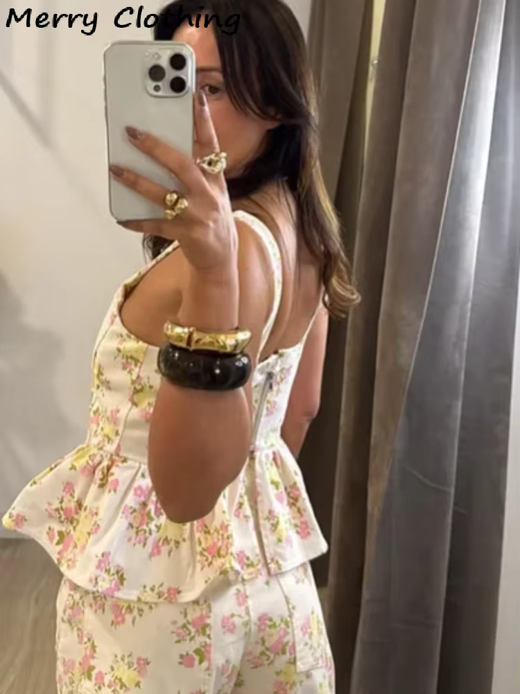 Ensemble élégant imprimé pour femme : Haut sans manches à volants et pantalon large – Nouvelle collection Printemps 2026