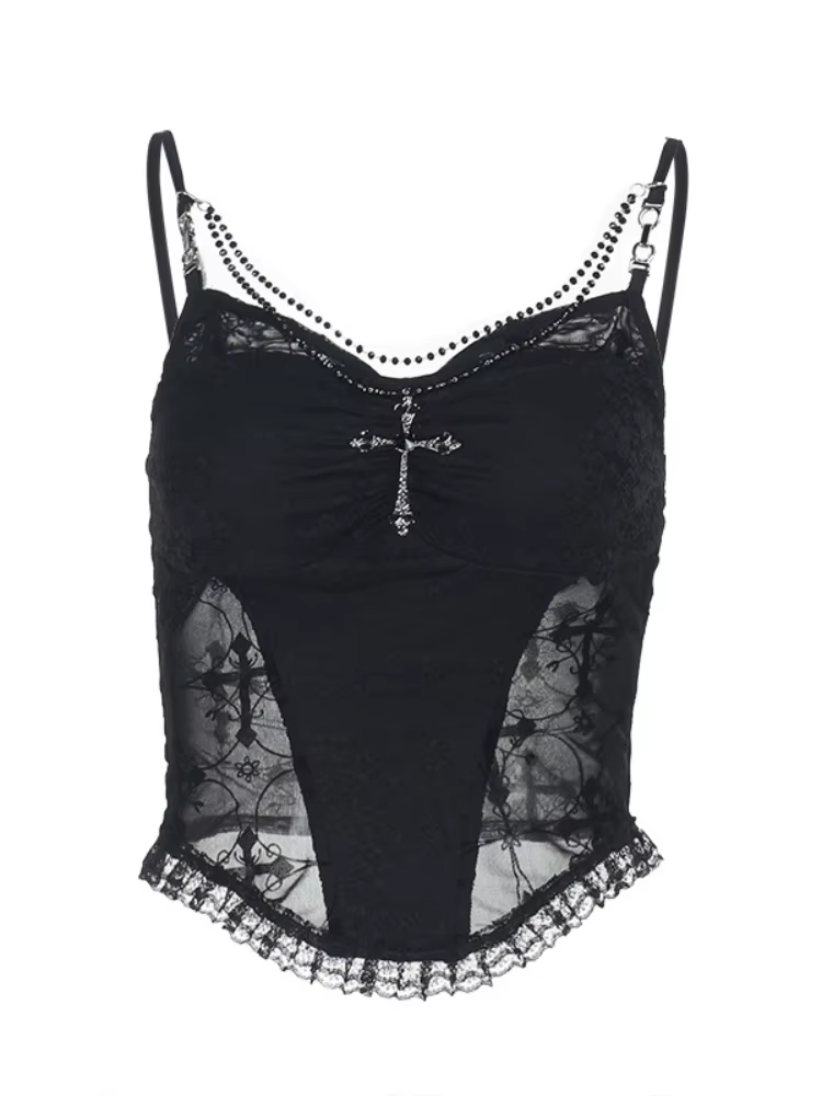 Punk gothique Camisole femmes centre commercial foncé Goth Y2k Streetwear Grunge Emo Sexy dentelle Patchwork chaîne