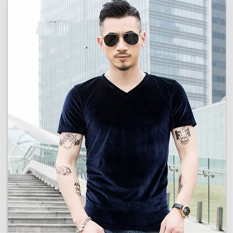 Économie en velours vintage pour hommes, manches courtes, col en V, monochromatique, noir, bleu, vin, taille Y, grande, 5XL, 6XL, 7XL, printemps, été, 2024