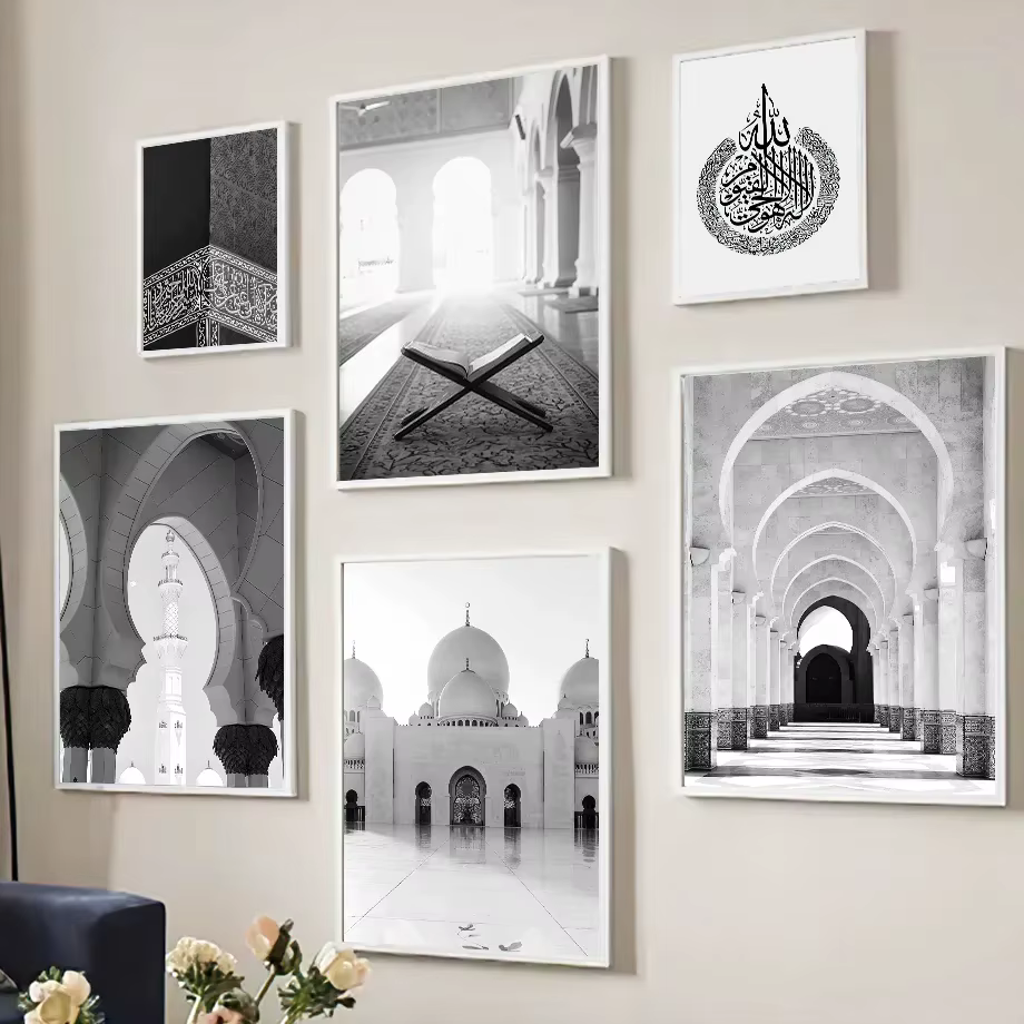Tableau de paysage de mosquée islamique noir et blanc