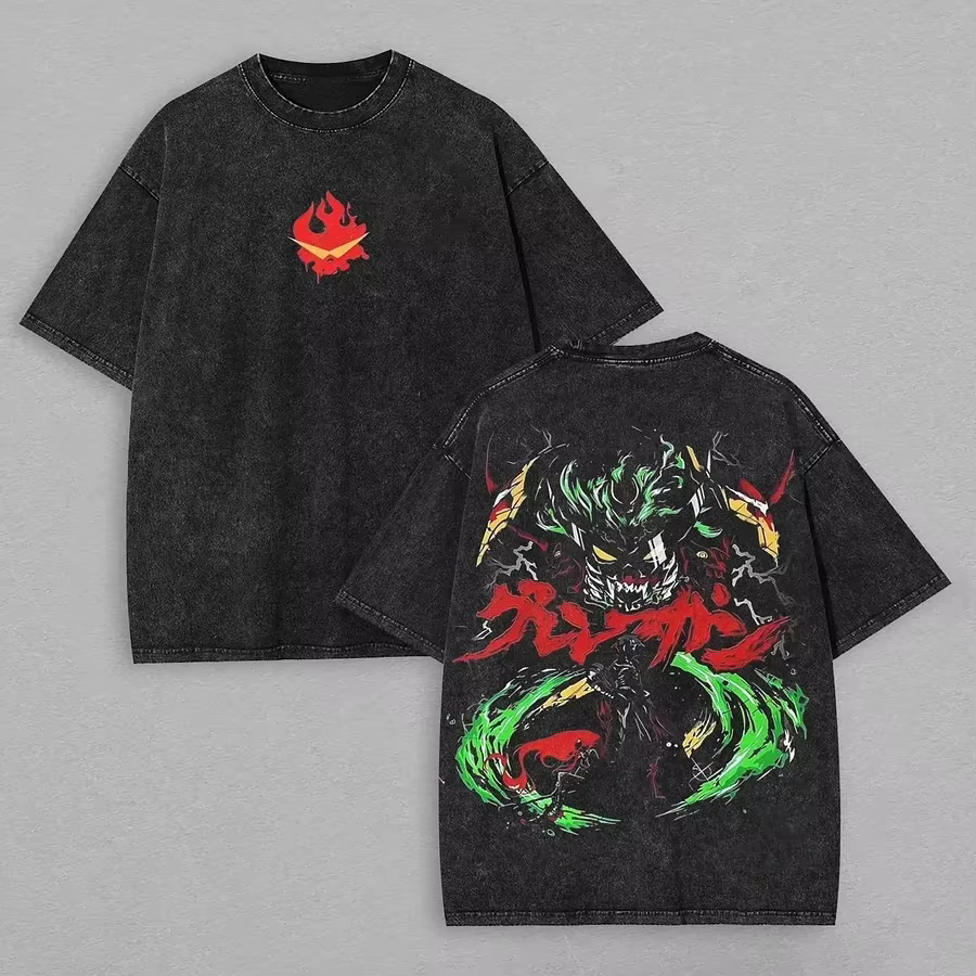 T-shirt noir délavé en coton oversize avec impression artistique anime avant et arrière de Tengen Toppa Gurren Lagann