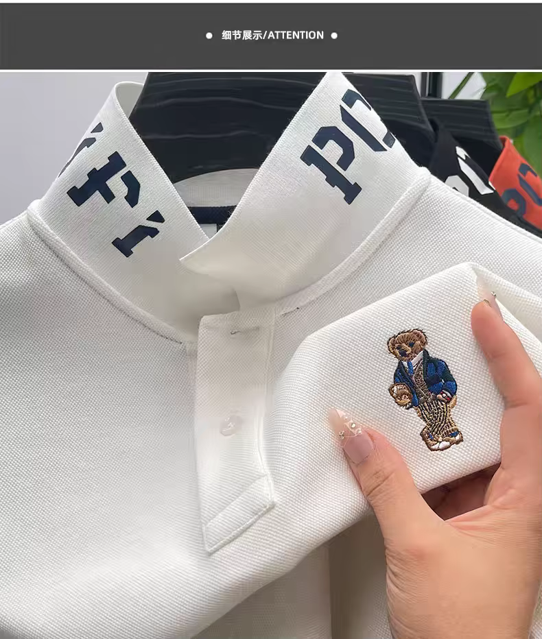Marque de luxe hommes Polo revers ours broderie impression à manches longues 100 coton T-Shirt automne affaires mode