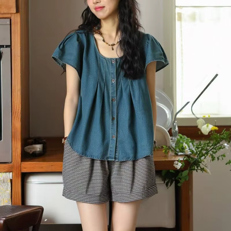 Chemise en jean japonaise à manches courtes pour femme