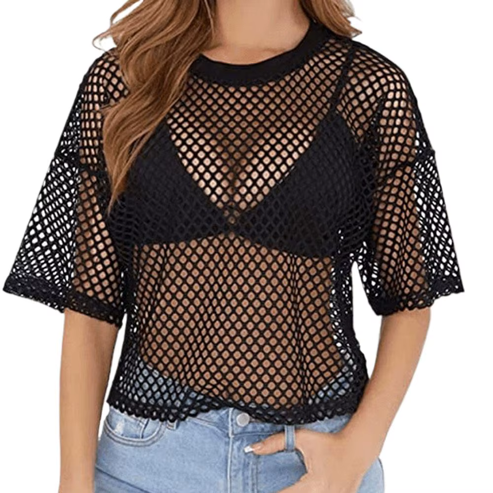 Résille lâche T-shirts Sexy col rond manches courtes évider noir recadrée t-shirt hauts MBN-W109