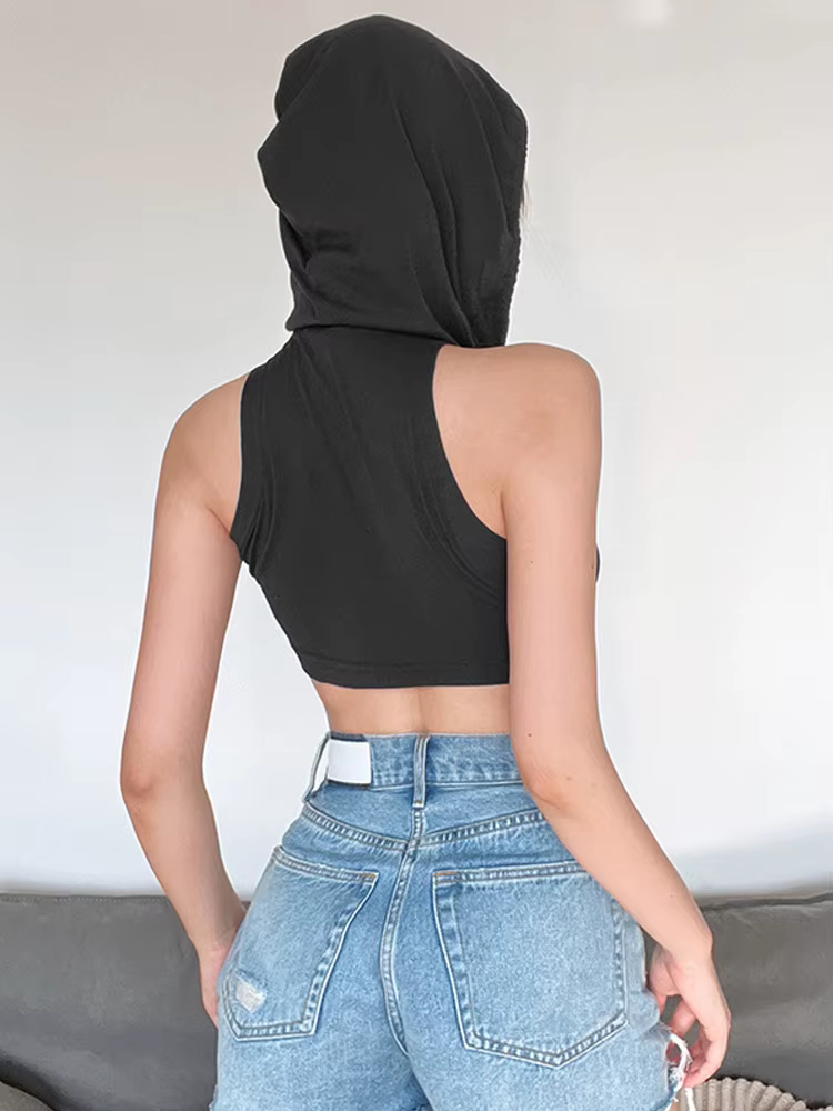 Débardeur Sexy à capuche solide pour femmes, vêtements, embout court, Design croisé, Streetwear, sans manches, Y2k, haut court