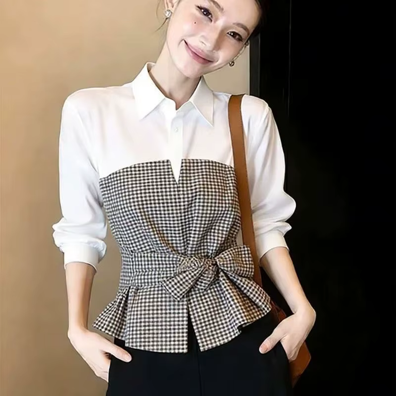 Chemisier Tendance Faux Deux Pièces à Carreaux Contrastants, Col Polo, Manches Longues, Élégant, Printemps-Automne, Style Coréen, Vêtements de Bureau pour Femmes