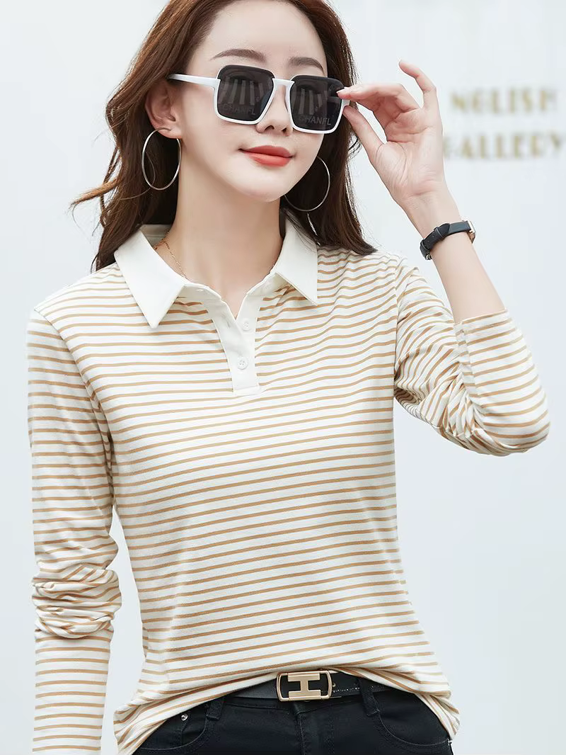 Nouveau Polo Femme Manches Longues Rayé Coton T-shirt Printemps Automne Mode Contraste Hauts Féminins Vêtements de Sport Golf