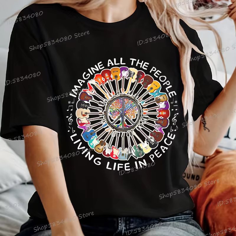 Imaginez toutes les gens vivre la vie dans la paix impression T-shirt femmes drôle guitare Beatles chanson lyrique