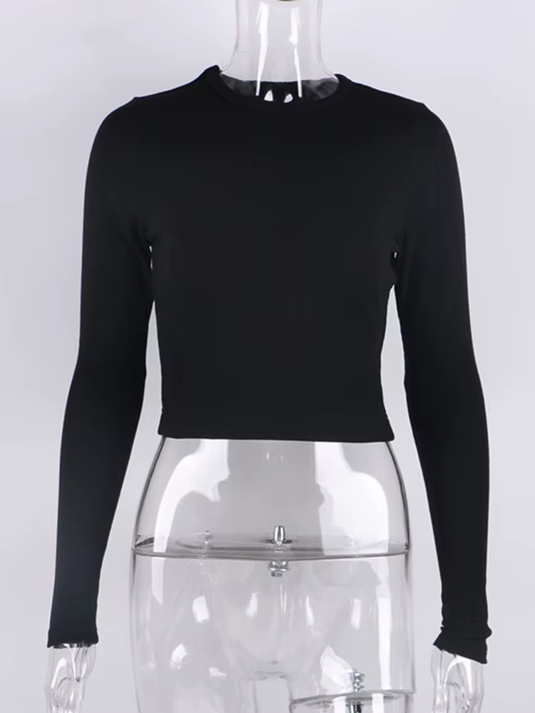 O cou à manches longues chemise femmes côtelé Sexy hauts courts 2022 printemps noir décontracté maigre mince basique femme t-shirts blanc