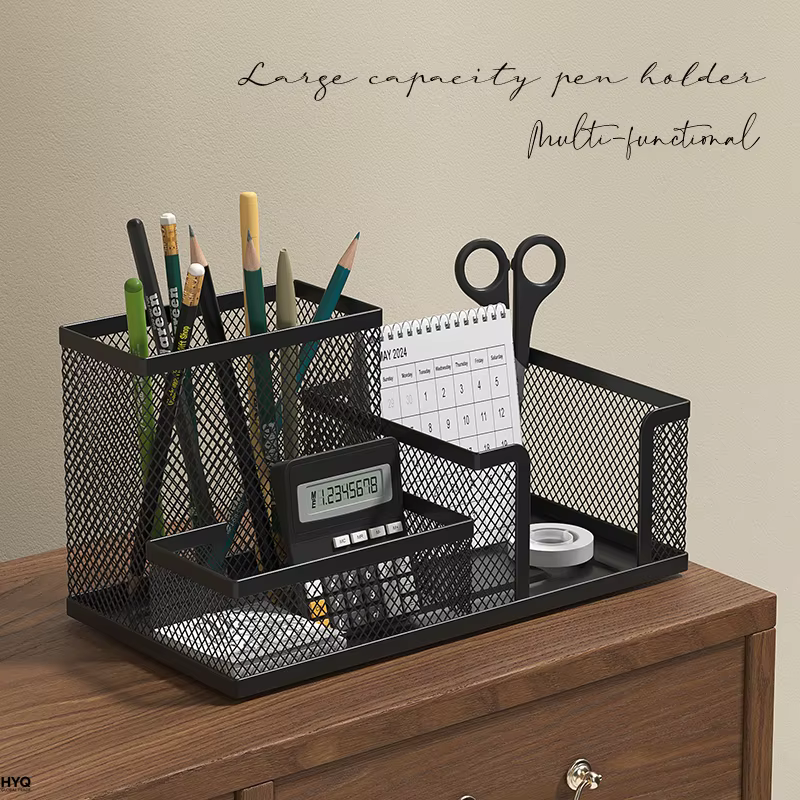 Organisateur de bureau en maille avec porte-crayons et paniers de rangement pour accessoires