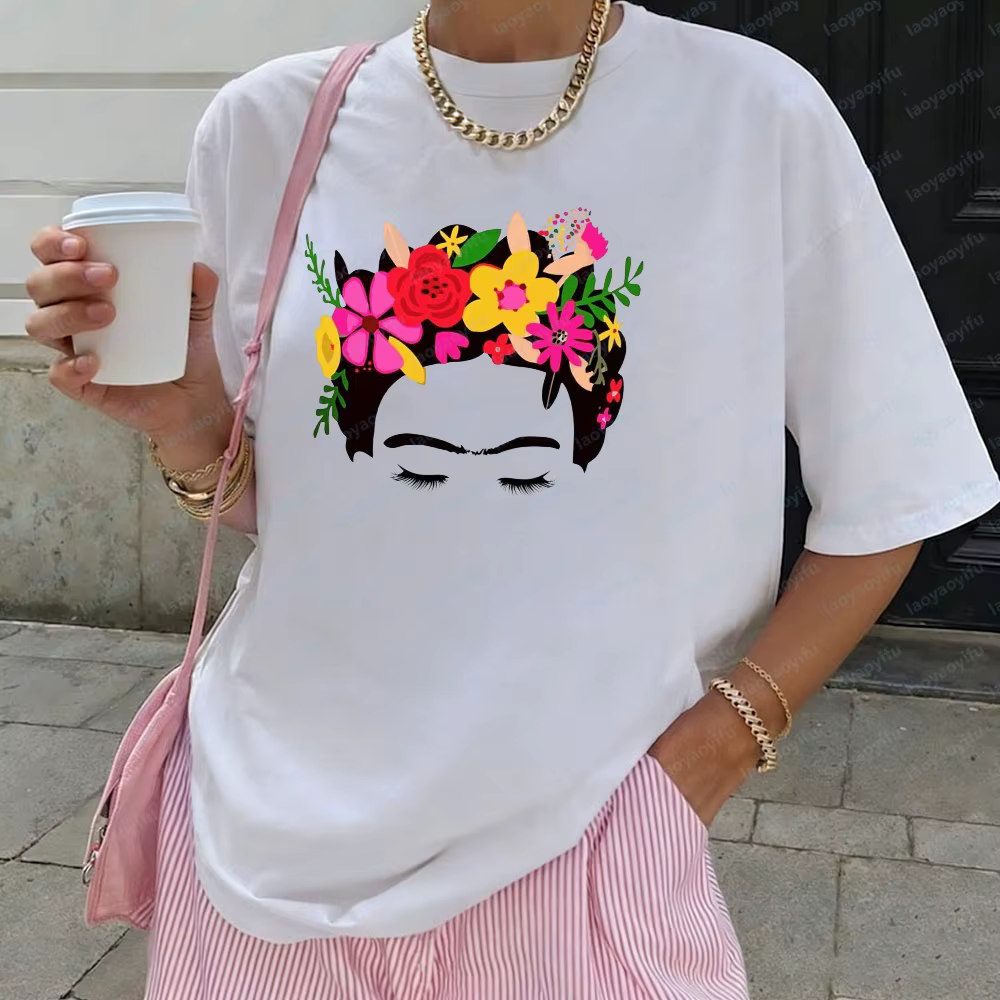 T-shirt graphique Frida Kahlo avec couronne florale pour femme