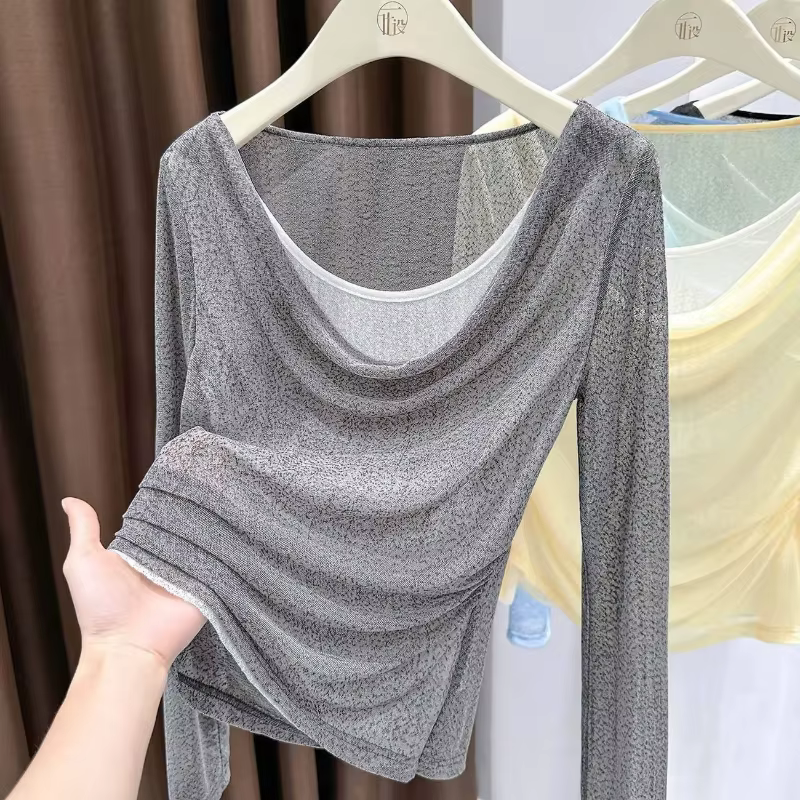 T-shirt à manches longues en tulle bleu clair pour femme