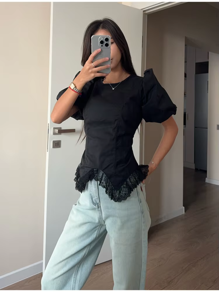 Chemisier Polo Femme à Manches Courtes Bouffantes