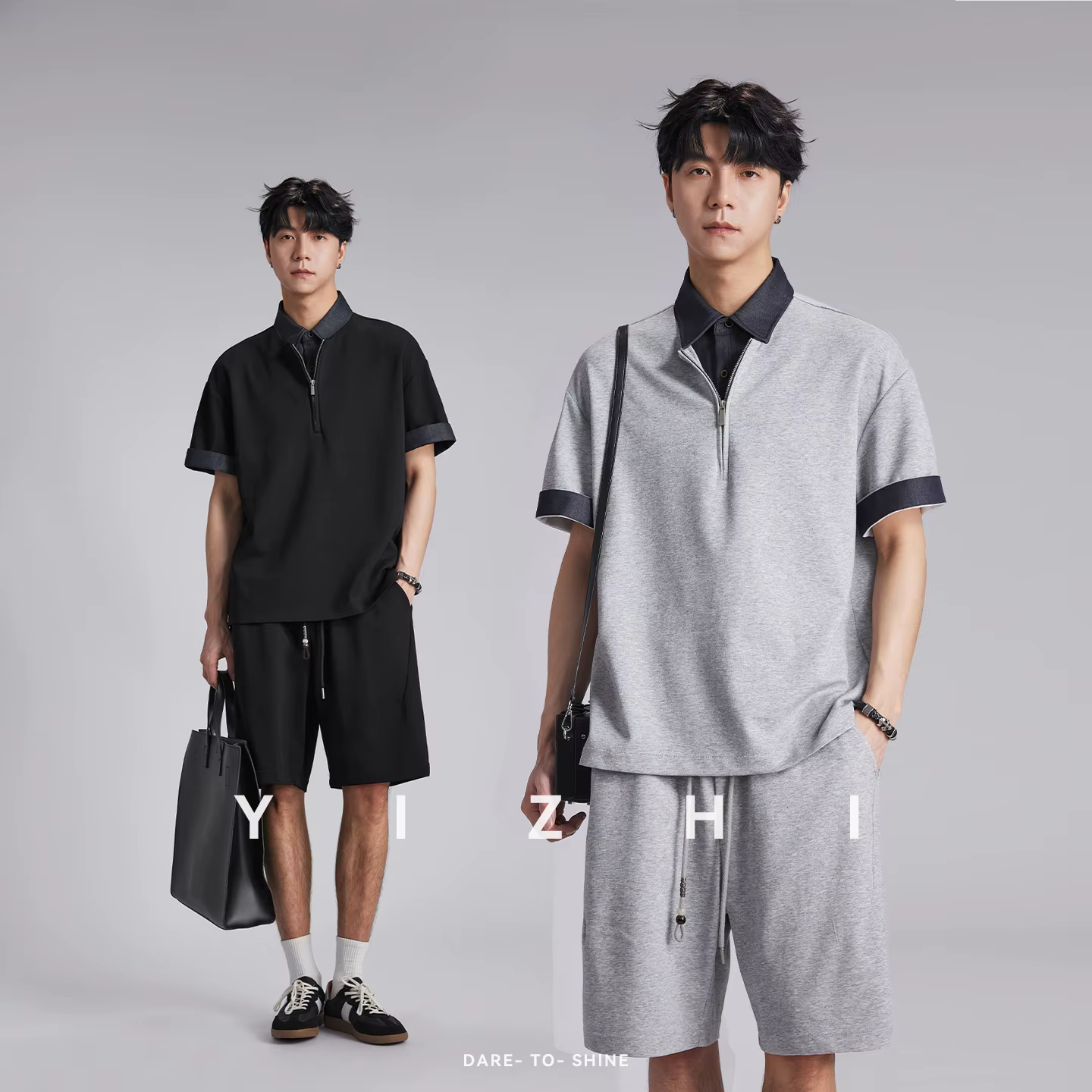 Ensemble Polo Homme Tendance à Col Contrastant et Demi-Zip Effet Deux Pièces
