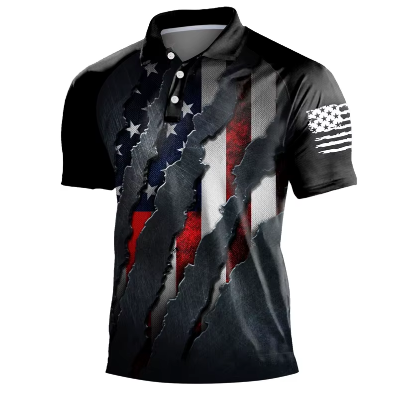 Polo à manches courtes imprimé 3D USA Feel pour hommes